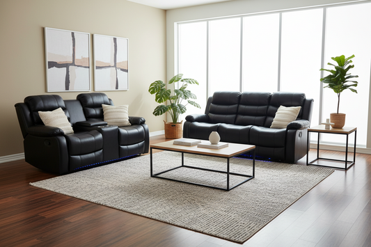 3-2 Seater Seater Finest Black Leatherette Recliner Feature Console LED Light Ultra Cushioned