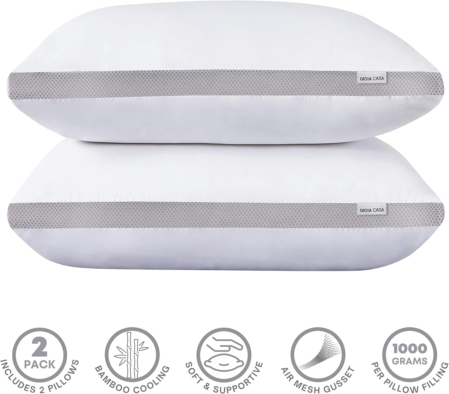 Bamboo Cooling Pillows Twin Pack - Luxury Plush Down-Like Microfibre Pillows for Bedding - Ultra Soft Comfy &