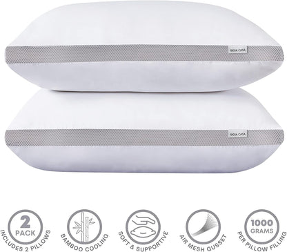 Bamboo Cooling Pillows Twin Pack - Luxury Plush Down-Like Microfibre Pillows for Bedding - Ultra Soft Comfy &