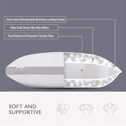 Bamboo Cooling Pillows Twin Pack - Luxury Plush Down-Like Microfibre Pillows for Bedding - Ultra Soft Comfy &