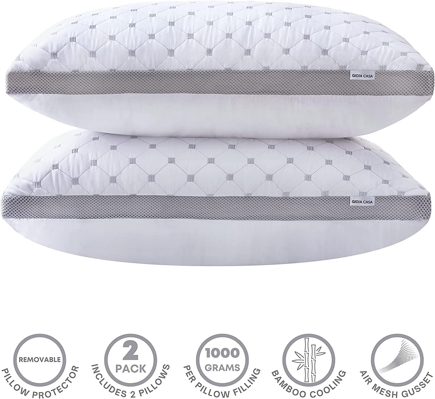 Premium Bamboo Cooling Twin Pack Plush Down-Like Pillows - Medium to High Profile (2PCS) - with Free 2 Quilted Pillow
