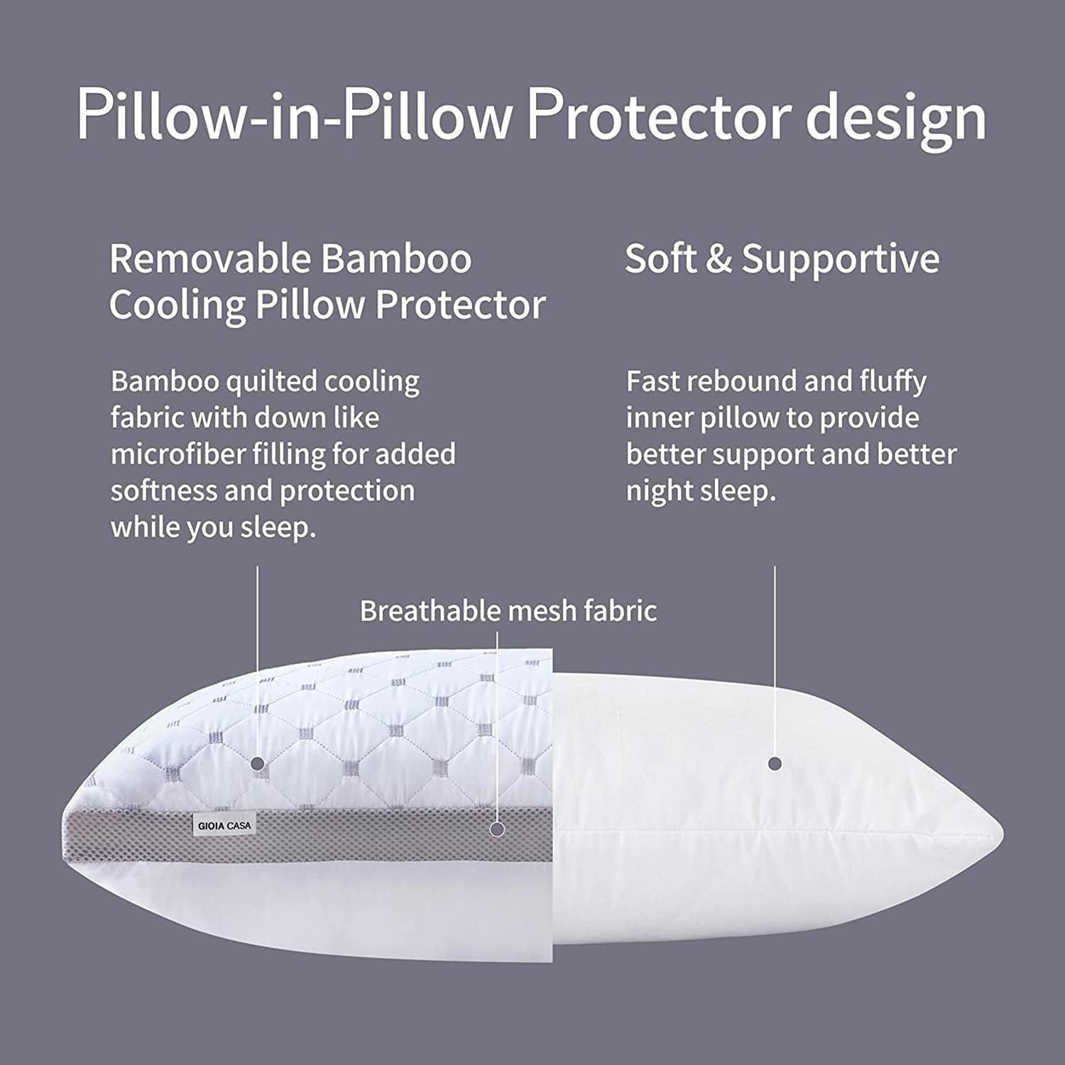 Premium Bamboo Cooling Twin Pack Plush Down-Like Pillows - Medium to High Profile (2PCS) - with Free 2 Quilted Pillow