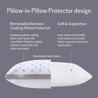 Premium Bamboo Cooling Twin Pack Plush Down-Like Pillows - Medium to High Profile (2PCS) - with Free 2 Quilted Pillow