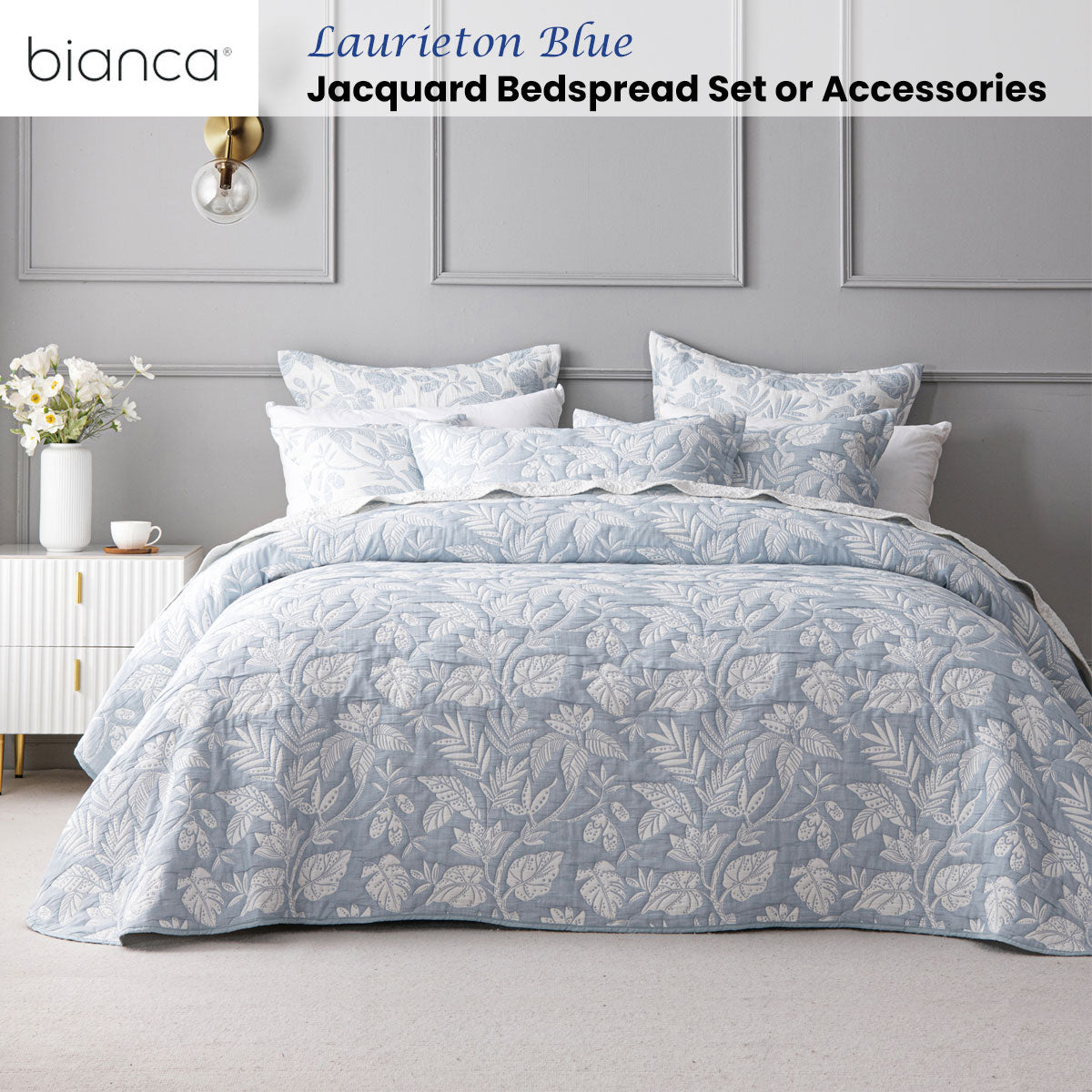 Bianca Laurieton Blue Jacquard Botanical Bedspread Set Super King - Home & Garden > Bedding > Quilts & Duvets