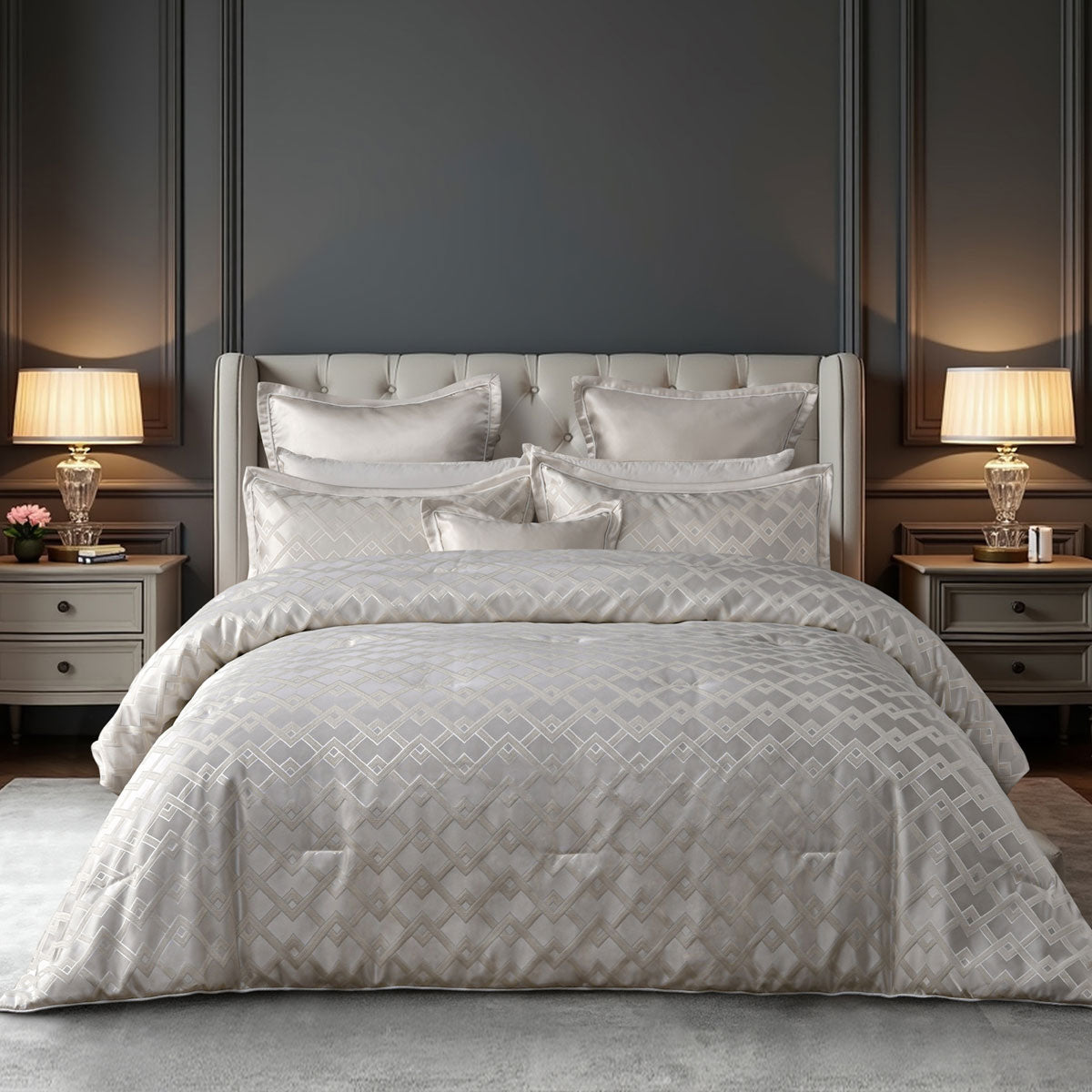 Bianca Firenze Pearl 6 Pcs Jacquard Geometric Comforter Set Queen/King - Home & Garden > Bedding > Quilts & Duvets