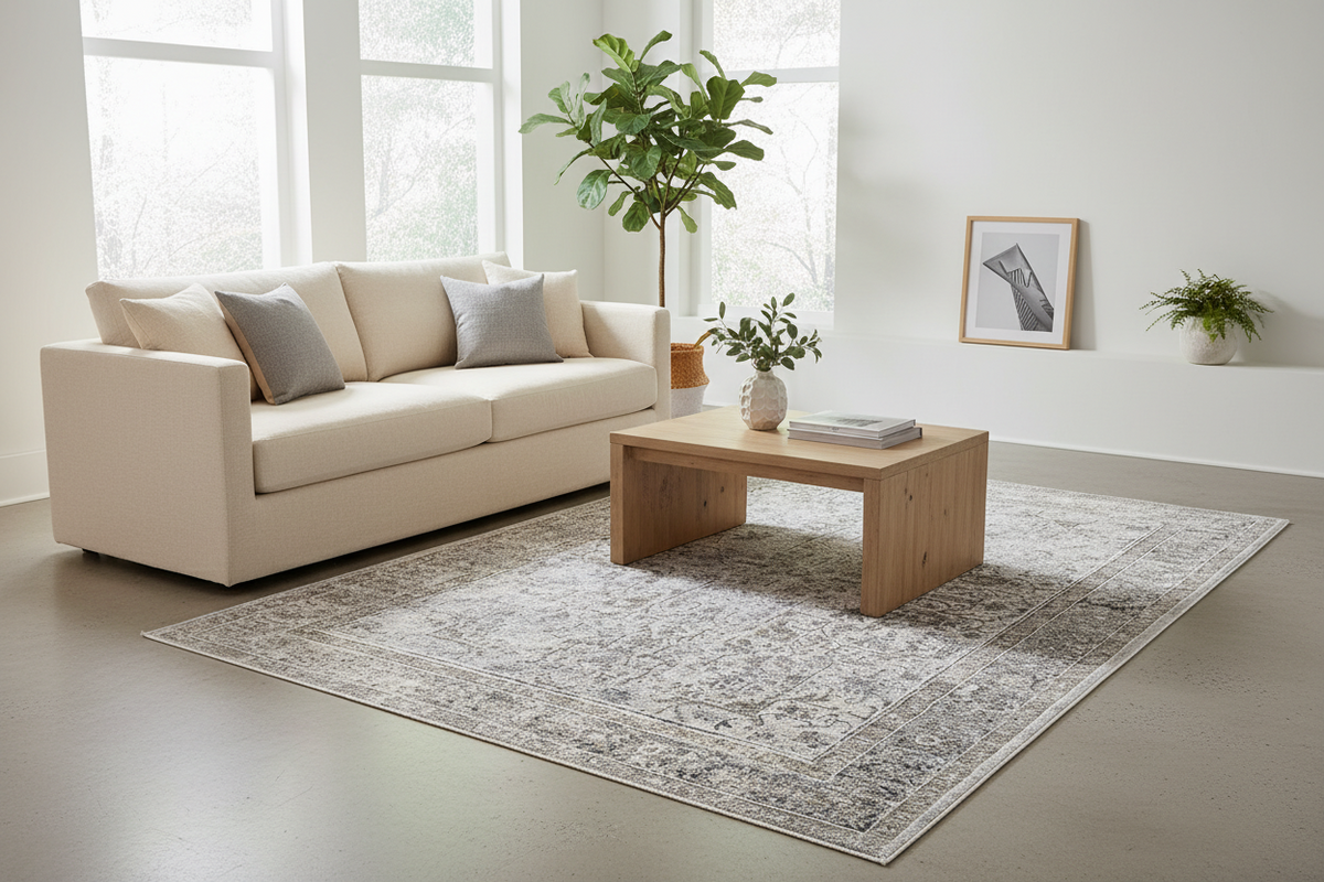 Gray and white patterned rug with intricate design