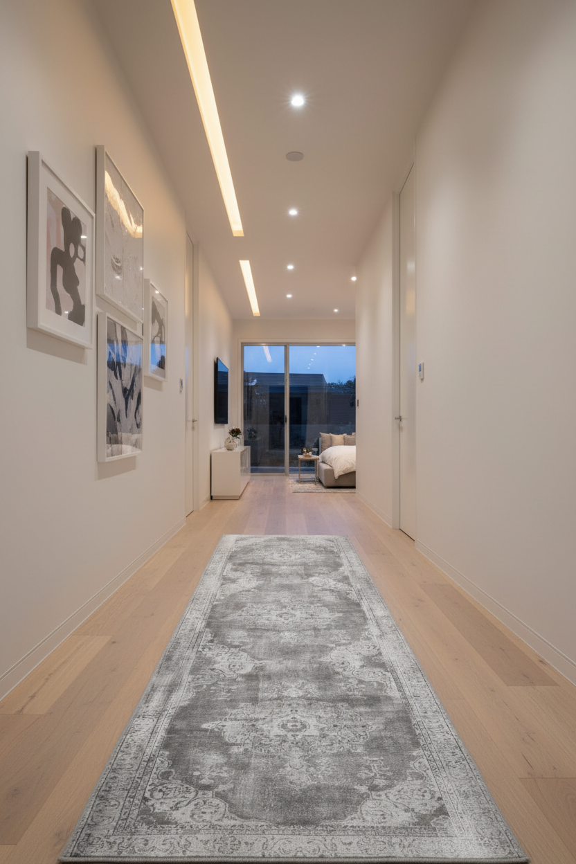 Gray patterned rug with intricate designs