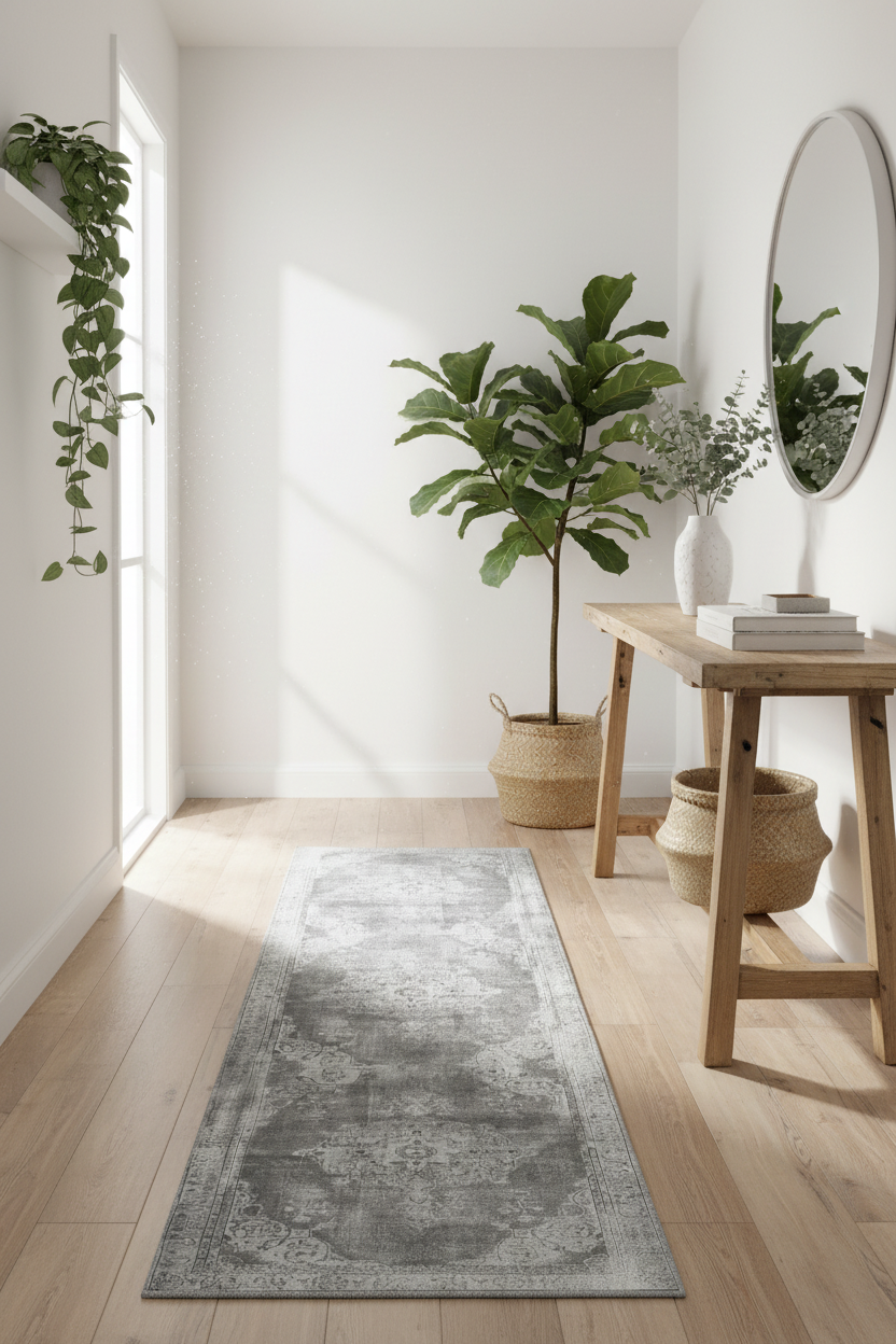 Gray patterned rug with intricate designs