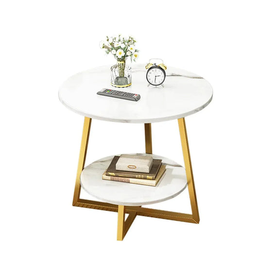 Round Side Table 2 Tier White Nightstand Coffee Sofa End Table Marble Design