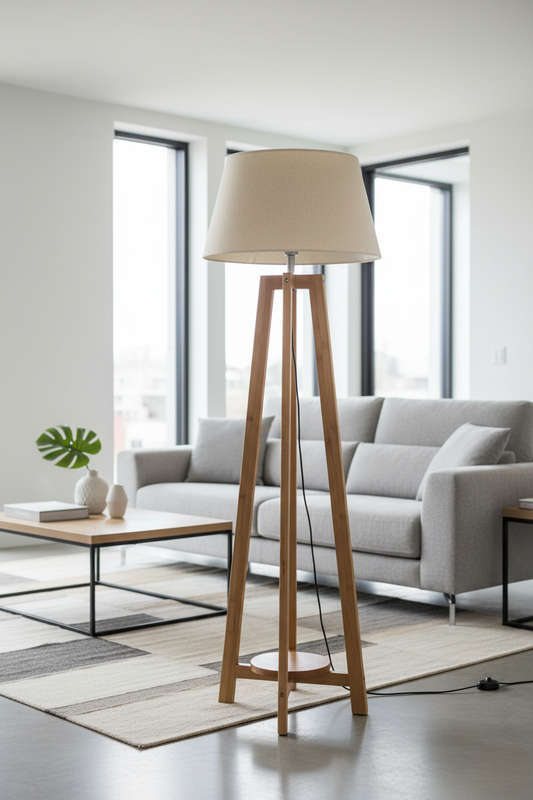 155cm Large Bamboo Wooden Tripod Floor Lamp w Beige Linen Light Shade