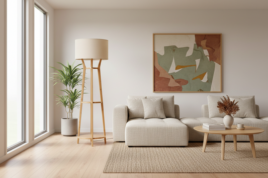 168cm Large Bamboo Wooden Tripod Floor Lamp Light Modern Linen Shade w Shelves