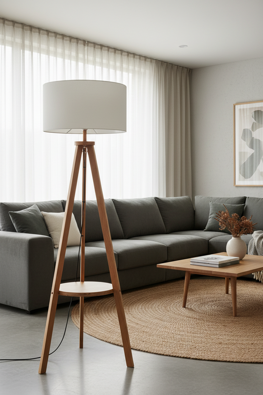 Natural Wooden Tripod Floor Lamp w/ Round Wood Shelf + Off White Linen Shade