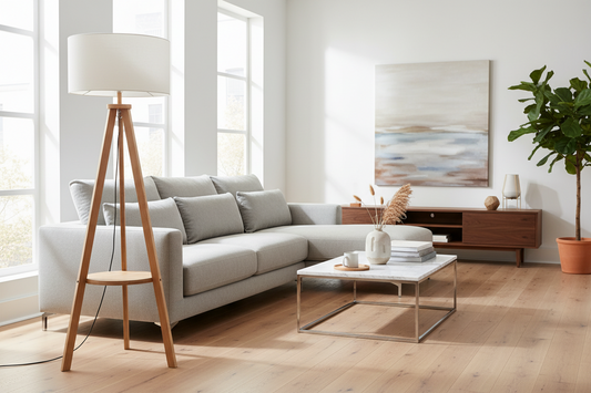 Natural Wooden Tripod Floor Lamp w/ Round Wood Shelf + Off White Linen Shade