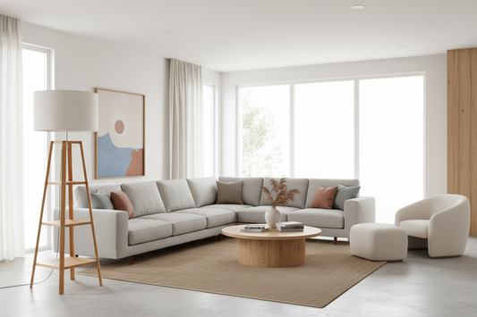 Eiffel 3 Tier Natural Wood Floor Lamp w/ Storage Shelves + Off White Linen Shade