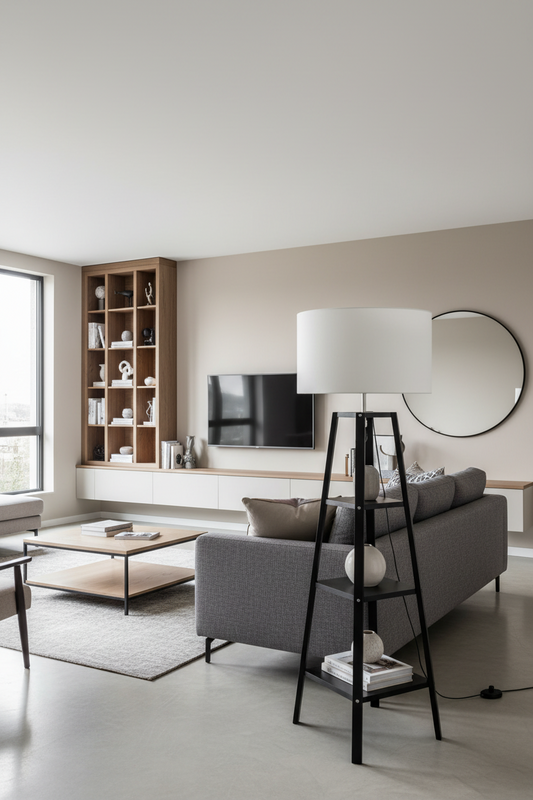 Eiffel 3 Tier Natural Wood Floor Lamp w/ Storage Shelves + Off White Linen Shade