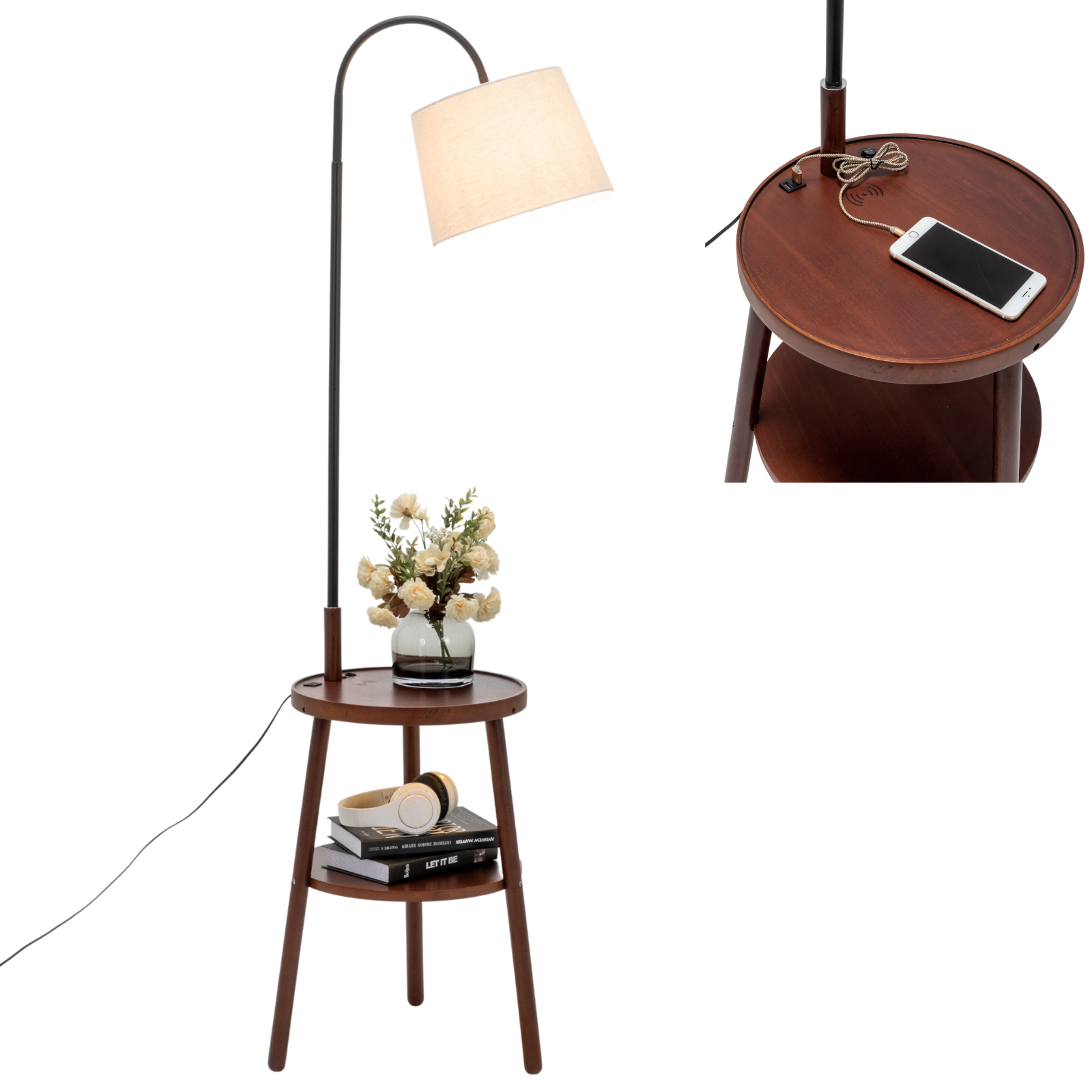 Naples Tripod Floor Lamp Shelf Storage Drawer Bed Side Table Light w/ USB Charger - Home & Garden > Lighting > Floor