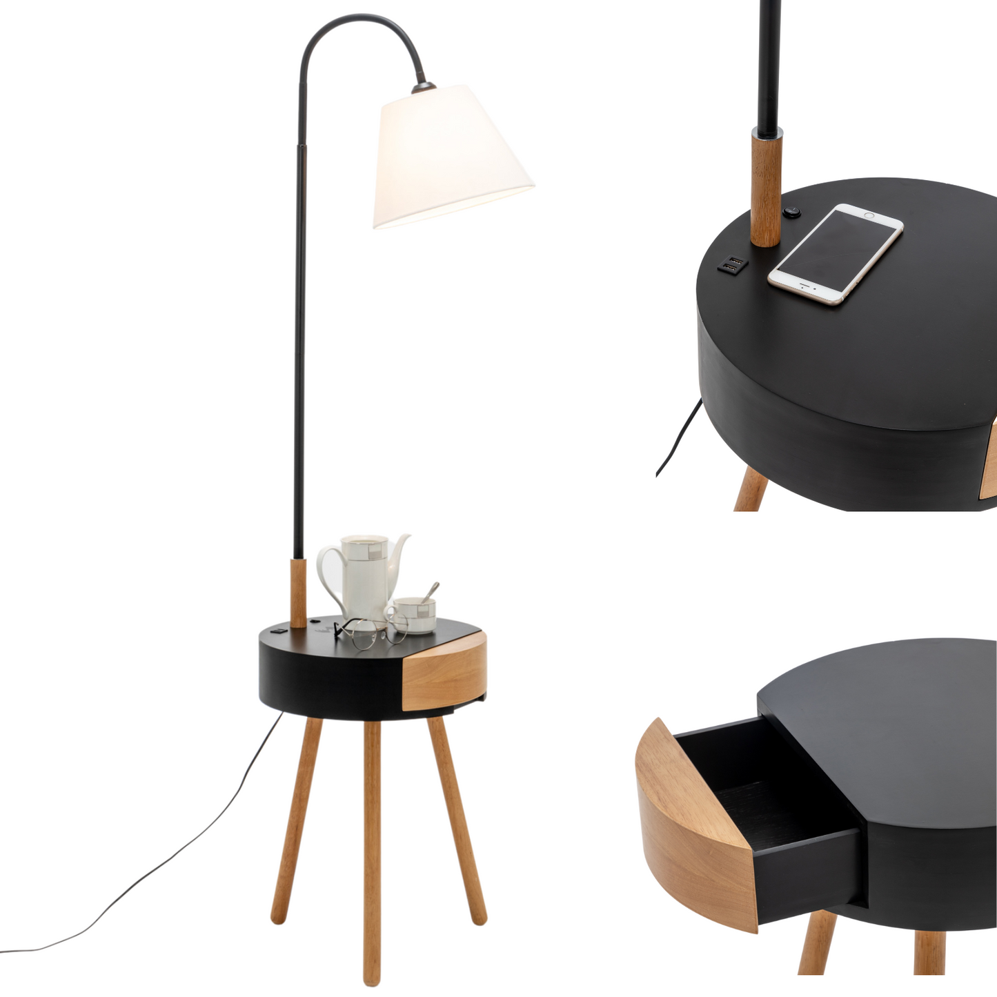 Florence Tripod Lamp Shelf Storage Drawer Bed Side Table Light w/ USB Charger Home & Garden > Lighting > Floor Lamps