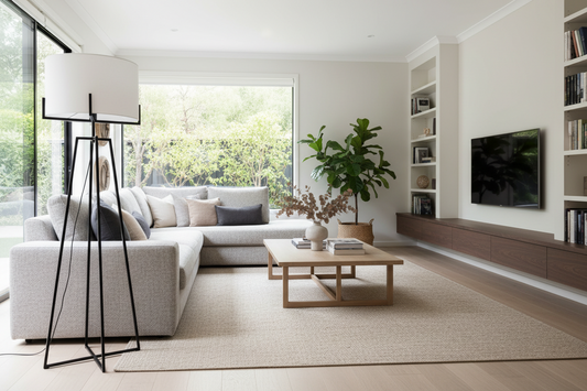 Modern Dimmable Floor Lamp w/ Linen Shade Designer Bedroom Lighting - Matte Black