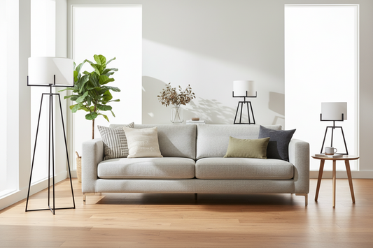 Modern Dimmable Floor Lamp + Table Desk Lamp w/ Linen Shade Scandi - Matte Black