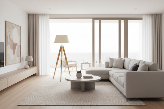 LARGE TRIPOD FLOOR LAMP Linen Shade Modern Light Bamboo Vintage Wooden Retro