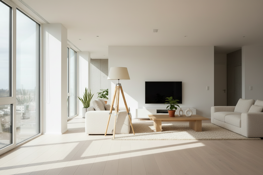 LARGE TRIPOD FLOOR LAMP Linen Shade Modern Light Bamboo Vintage Wooden Retro