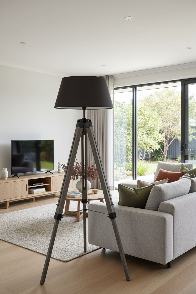 LARGE TRIPOD FLOOR LAMP Linen Shade Modern Light Retro Vintage Wooden