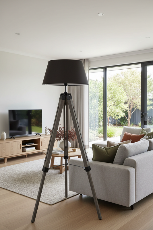 LARGE TRIPOD FLOOR LAMP Linen Shade Modern Light Retro Vintage Wooden