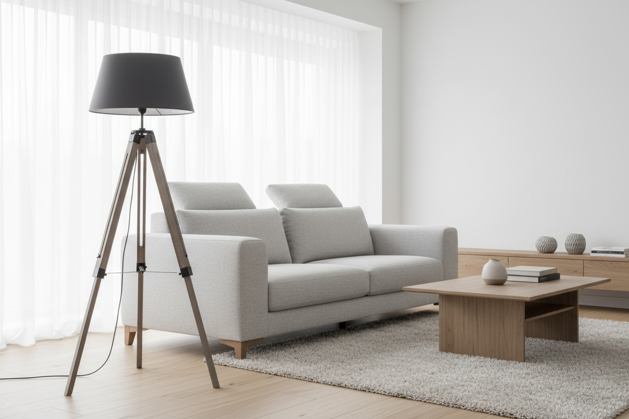 LARGE TRIPOD FLOOR LAMP Linen Shade Modern Light Retro Vintage Wooden