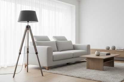 LARGE TRIPOD FLOOR LAMP Linen Shade Modern Light Retro Vintage Wooden