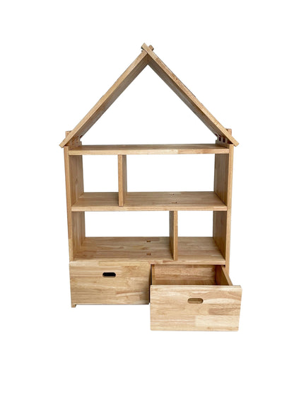 Wooden house-shaped bookshelf with two drawers on a white background