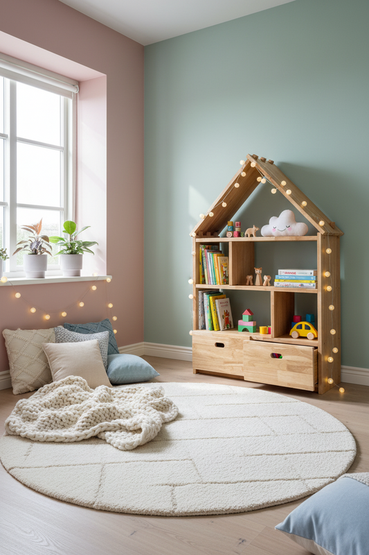 Wooden house-shaped bookshelf with two drawers on a white background