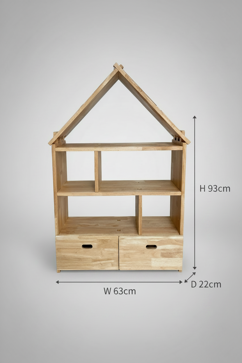A wooden house-shaped shelving unit with two drawers at the bottom, shown on a white background with dimension lines and labels indicating height 93 cm, width 63 cm, and depth 22 cm.
