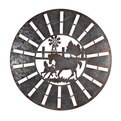 Galvanised w Rust Horses Round Laser Cut Wall Art 100cm