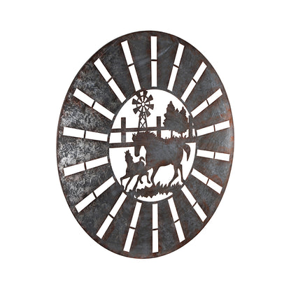 Galvanised w Rust Horses Round Laser Cut Wall Art 100cm