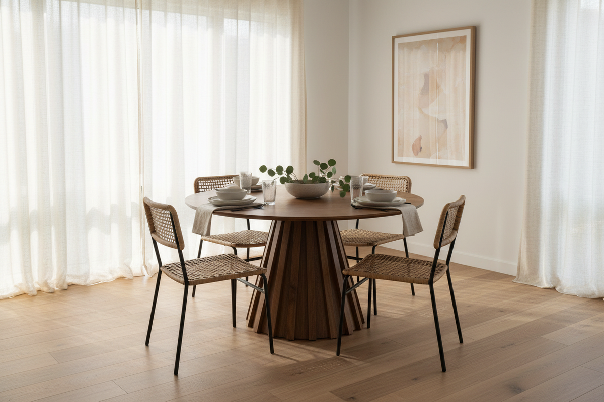 A round wooden dining table with a sculptural pedestal base, surrounded by four woven-back chairs with black metal legs, set in a bright, modern dining room with light wood floors and sheer white curtains.