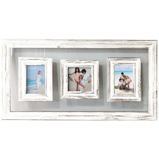 Rustic White 3 Opening Photo Frame w Glass Background 75cm