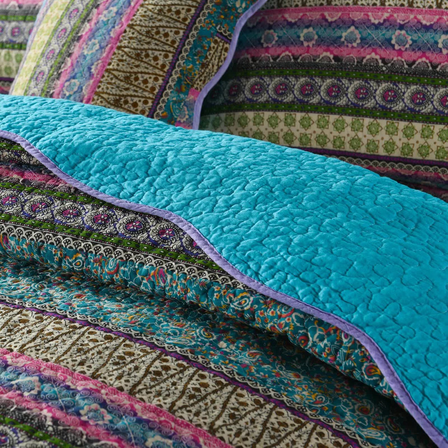 Grenn Teal Boho style Printed Bedspread Quilt Set + Pillowcases