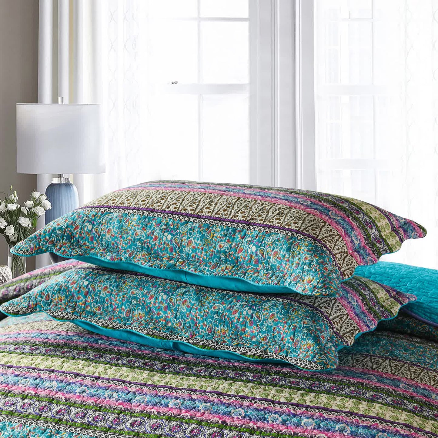 Grenn Teal Boho style Printed Bedspread Quilt Set + Pillowcases