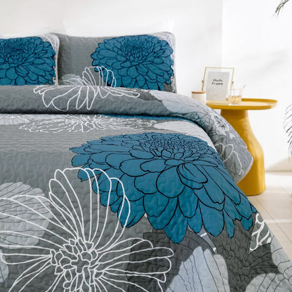 Grey Azure Bloom Quilted Coverlet Bedspread Set with Pillow Covers