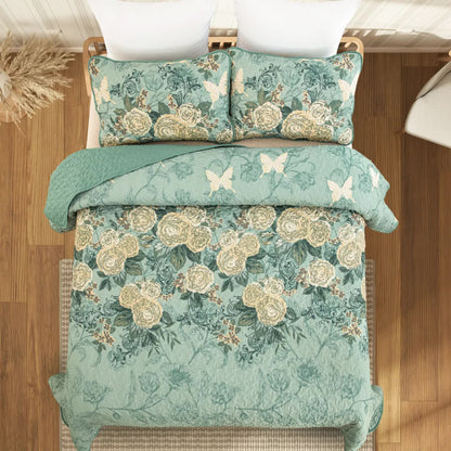 Meadow Butterfly Green Quilted Bedspread Set with Floral Details and Pillowcases