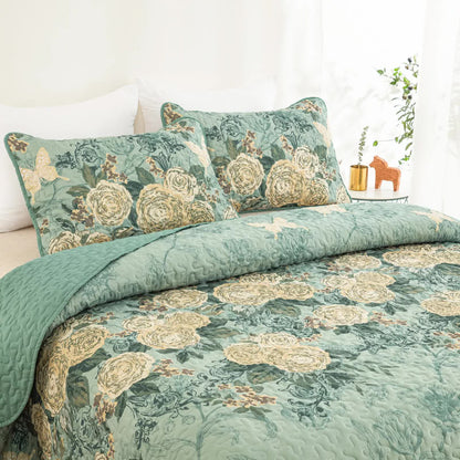 Meadow Butterfly Green Quilted Bedspread Set with Floral Details and Pillowcases