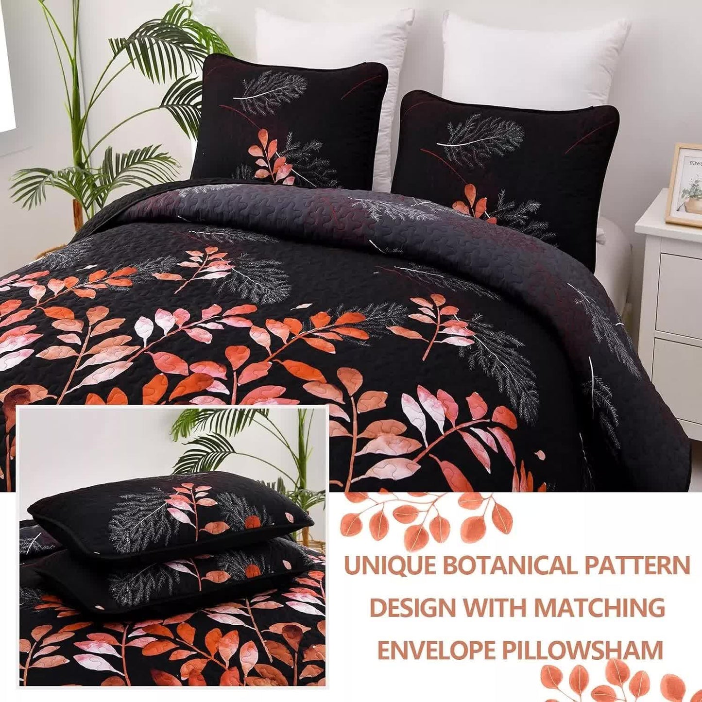 Black and Red  Leaves Quilted Bedspread & Pillowcase Set