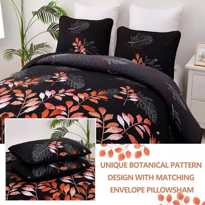 Black and Red  Leaves Quilted Bedspread & Pillowcase Set