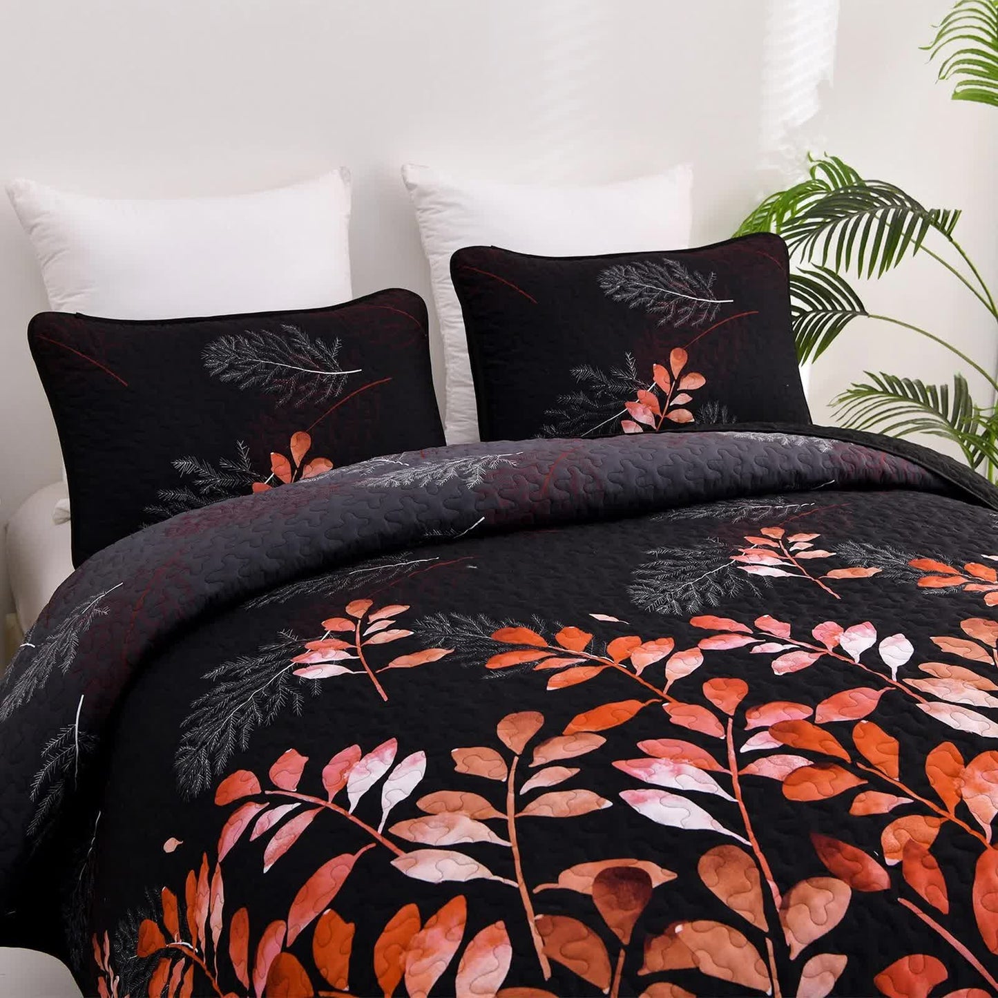 Black and Red  Leaves Quilted Bedspread & Pillowcase Set