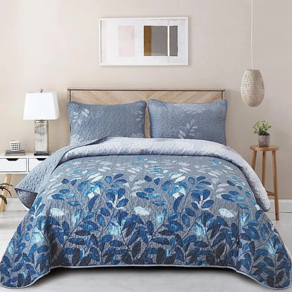 Blue Garden Coverlet Set with Quilted Floral Pattern and Pillowcases