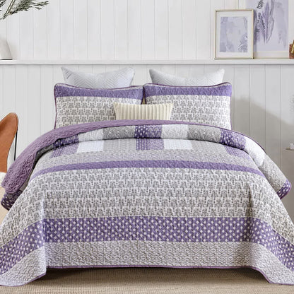 Bohemian Purple and White Quilted Bedspread or Coverlet Set and matching pillowcases