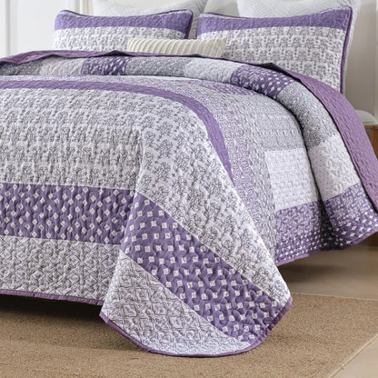 Bohemian Purple and White Quilted Bedspread or Coverlet Set and matching pillowcases