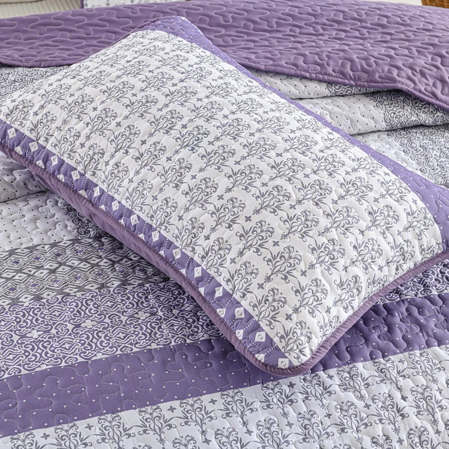 Bohemian Purple and White Quilted Bedspread or Coverlet Set and matching pillowcases