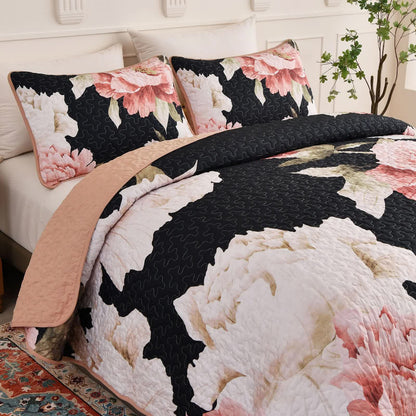 Blossom Trio Quilted Coverlet Set with Pillowcases (Black, Red & Pink