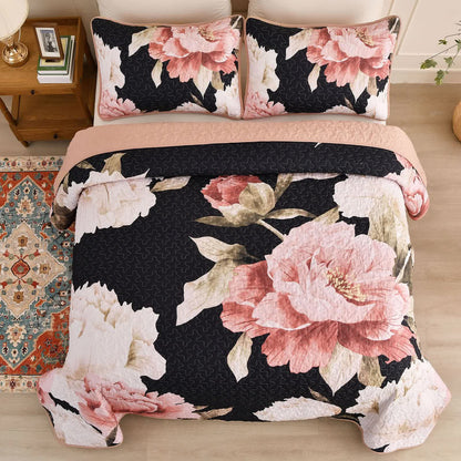 Blossom Trio Quilted Coverlet Set with Pillowcases (Black, Red & Pink